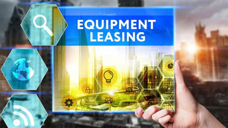 Icons related to technology, the internet, business, and marketing, along with someone holding a board that reads "Equipment Leasing."