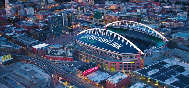 The image shows an aerial view of CenturyLink Field in the South Downtown SODO Pioneer Square neighborhood of Seattle, Washington, USA.