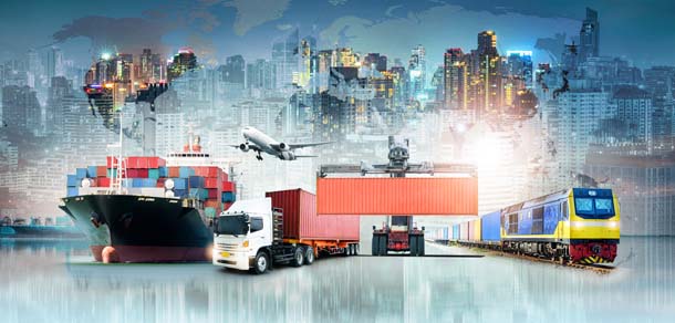 The image illustrates the global business logistics for import and export, featuring maritime, rail, road, and air cargo freight concepts.
